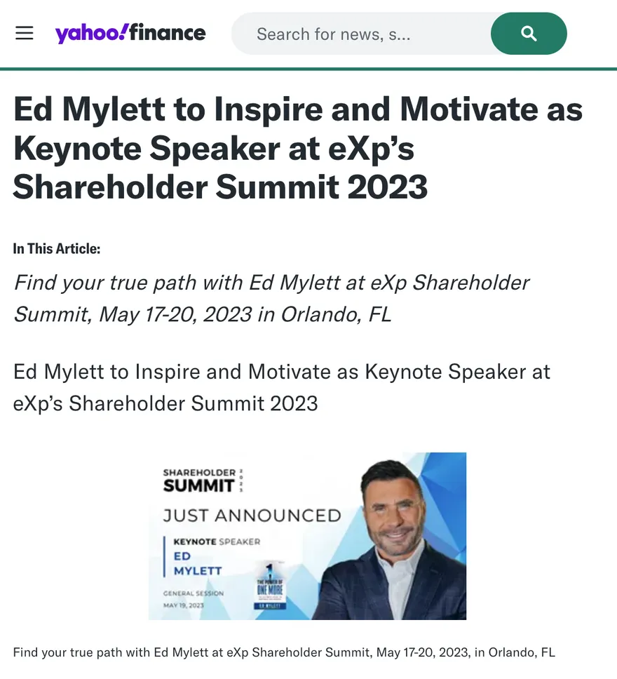 Press feature secured for Ed Mylett